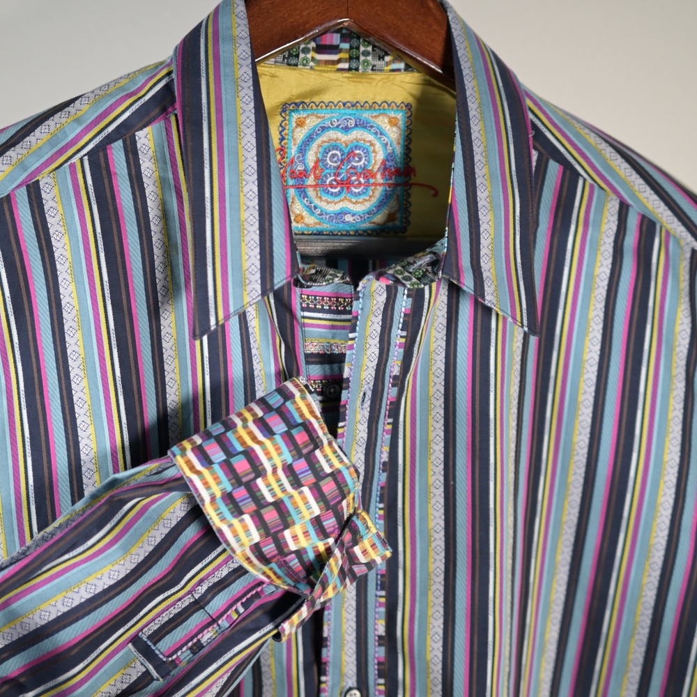 Robert Graham Mens Multi-Color Striped Embroidered Long Sleeve Button Down Shirt